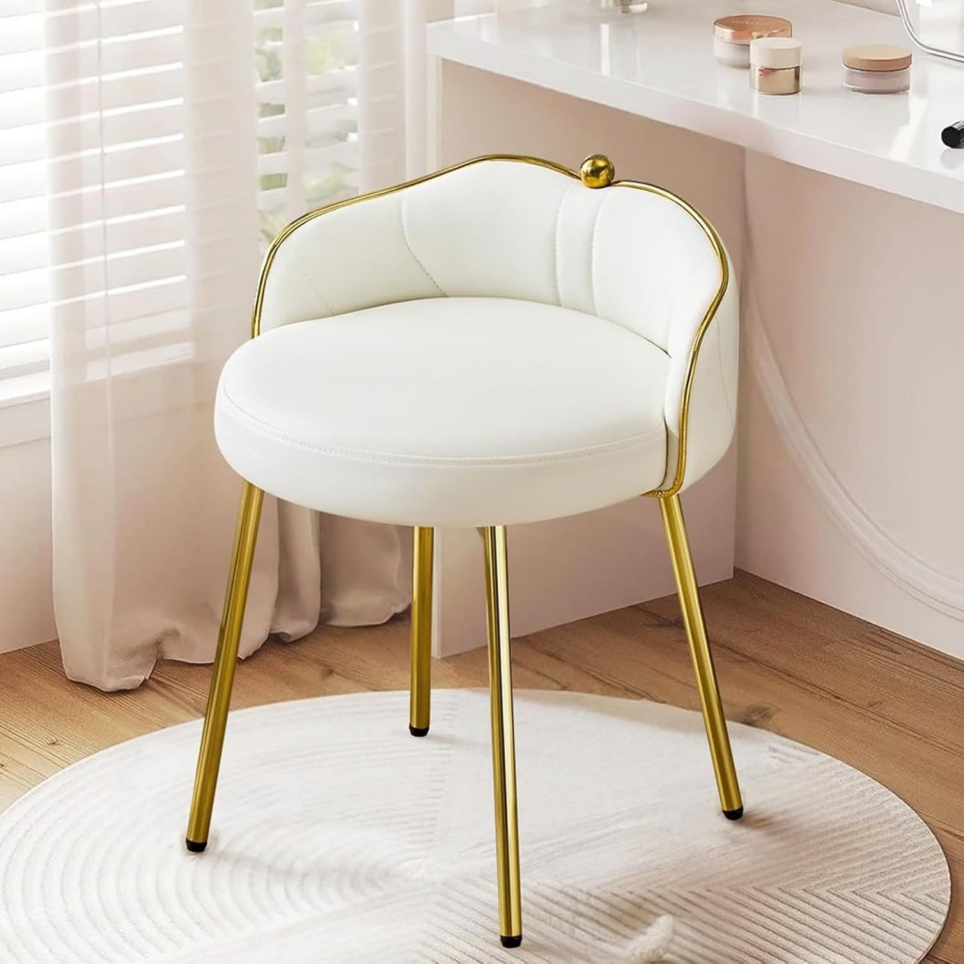 Hellove Cute Schminktisch Hocker Sitzhocker Gepolstert mit Gold Metallbeinen Armlos Schminktisch Stuhl Makeup-Hocker Leder Stool fuer Schlafzimmer Wohnzimmer Ankleidezimmer Vanity Weiss