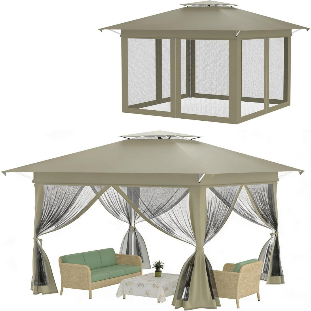 YRHome Pop Up FaltpavillonEIN Knopf Install Partyzelt mit EntlueftungDoppeldach Hoehenverstellbar Gartenzelt Mit MoskitonetzenWasserdicht UV Schutz inkl Tasche - KhakiSchattenflaeche 4x4m