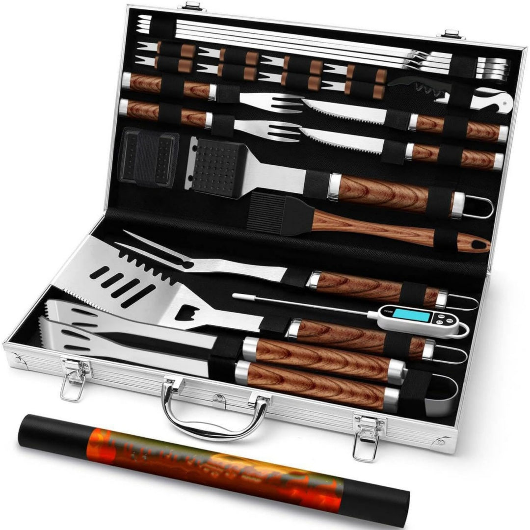 Grilliance 26 Stuecke Edelstahl Grillzubehoer Set Hochwertiger BBQ Grillbesteck Koffer Perfektes Grillwerkzeug Set fuer Maenner Geschenk mit Tragbarer Aufbewahrungskoffer und Fleischthermometer Braun