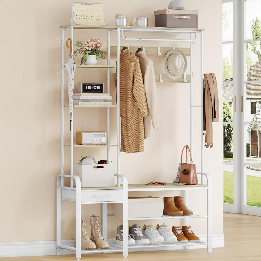 Hzuaneri Garderobenstaender mit Schuhbank 17 Haken Goldeichenfarben-Weiss Garderobe Kleiderstaender mit 1 Haengestange 1 Schublade 4-Ebenen-Seitengestell 120 x 40 x 182 cm HT03516W