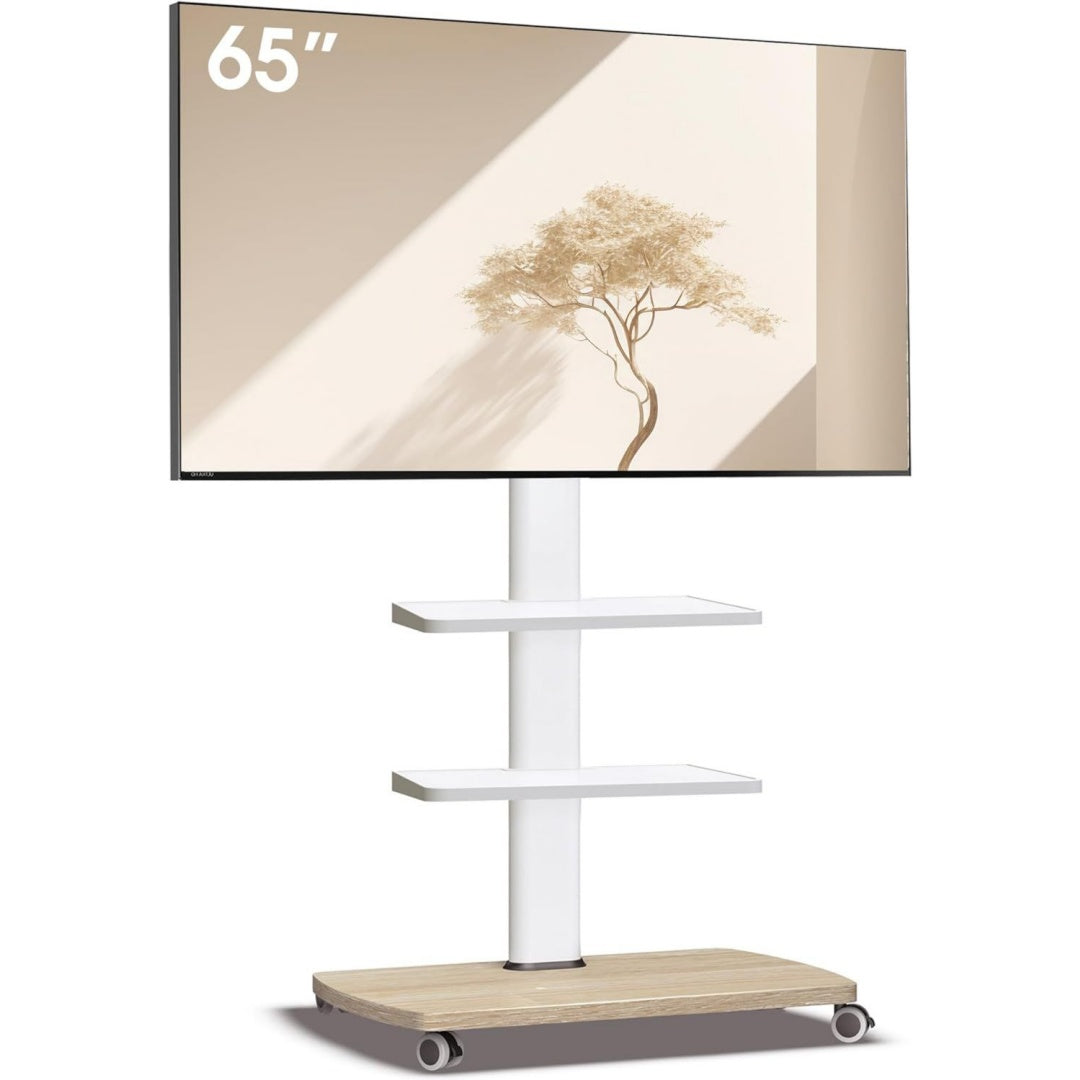 AOKCOS TV Staender Rollbar mit Holzablage 2 Regal Fernsehstaender auf Rollen fuer 32-65 Zoll TV TV Bodenstaender Hoehenverstellbar Drehbar bis 40 kg Max VESA 400x400mm WeissNatur