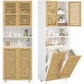 Badezimmerschrank mit Waeschekoerbe Badschrank mit 3 offenen Faechern und 2 Waescheboxen herausnehmbarer Waeschesack mit Griffen Badezimmer Hochschrank mit verstellbare Ablage 60 x 28 x 170 cm