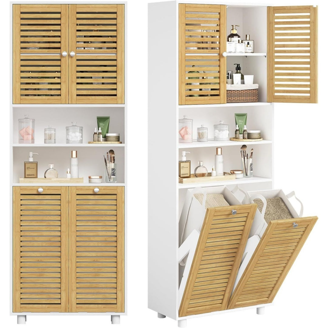 Badezimmerschrank mit Waeschekoerbe Badschrank mit 3 offenen Faechern und 2 Waescheboxen herausnehmbarer Waeschesack mit Griffen Badezimmer Hochschrank mit verstellbare Ablage 60 x 28 x 170 cm
