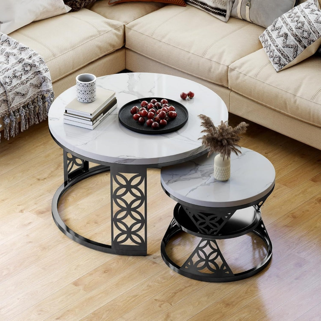 Couchtisch 2er Set Satztisch Weiss Schwarz Wohnzimmertisch Tisch mit MDF Desktop Stabiler Beistelltisch Moderner Sofatisch fuer Schlafzimmer Balkon Wohnzimmer Rund