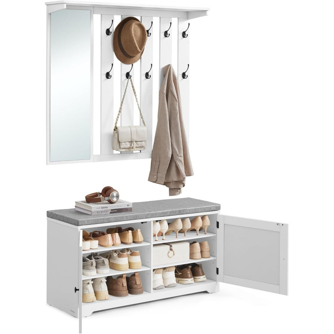 VASAGLE Garderoben-Set Garderobe Spiegel Schuhbank Wolkenweiss LSC011W01 Schuhschrank mit verstellbaren Ablagen Doppeltueren Sitzpolster abnehmbar 10 Doppelhaken Helan Kollektion LSC011W01