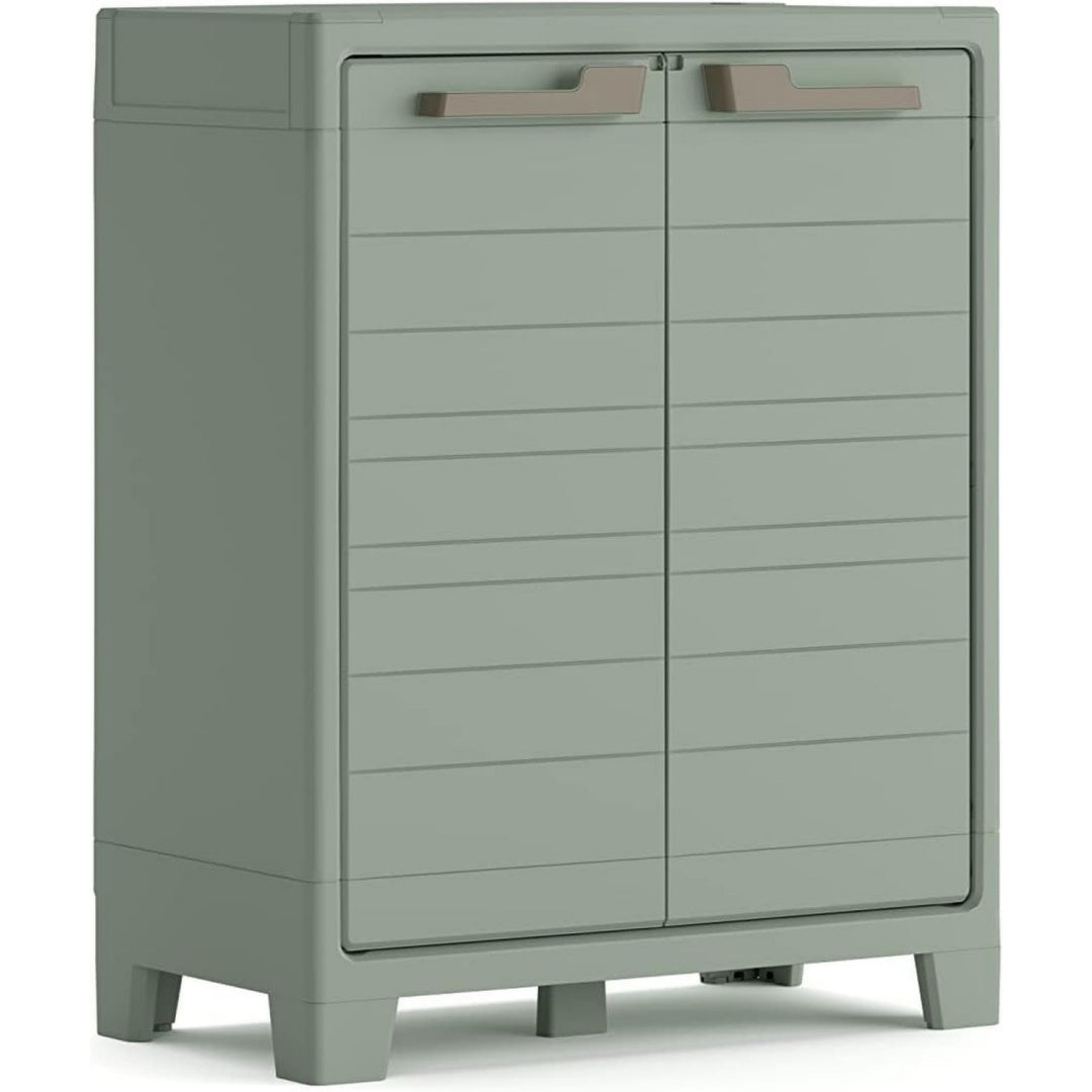 Keter Planet Outdoor Kunststoffschrank niedrig jadegruen 80 x 44 x 100 cm inkl 2 hoehenverstellbaren Boeden mit je 30kg Tragkraft fuer drinnen und draussen geeignet UV- und wasserbestaendig IPX3