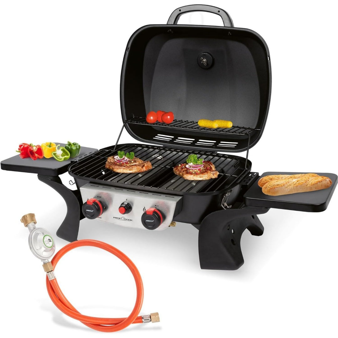 ProfiCook Gasgrill mit 2 Edelstahlbrennern Tischgrill inkl Gasdruckminderer Gasschlauch Grill mit Stabiler Metallhaube Temperaturanzeige Gasgrill klein fuer Balkon Camping PC GG 1261