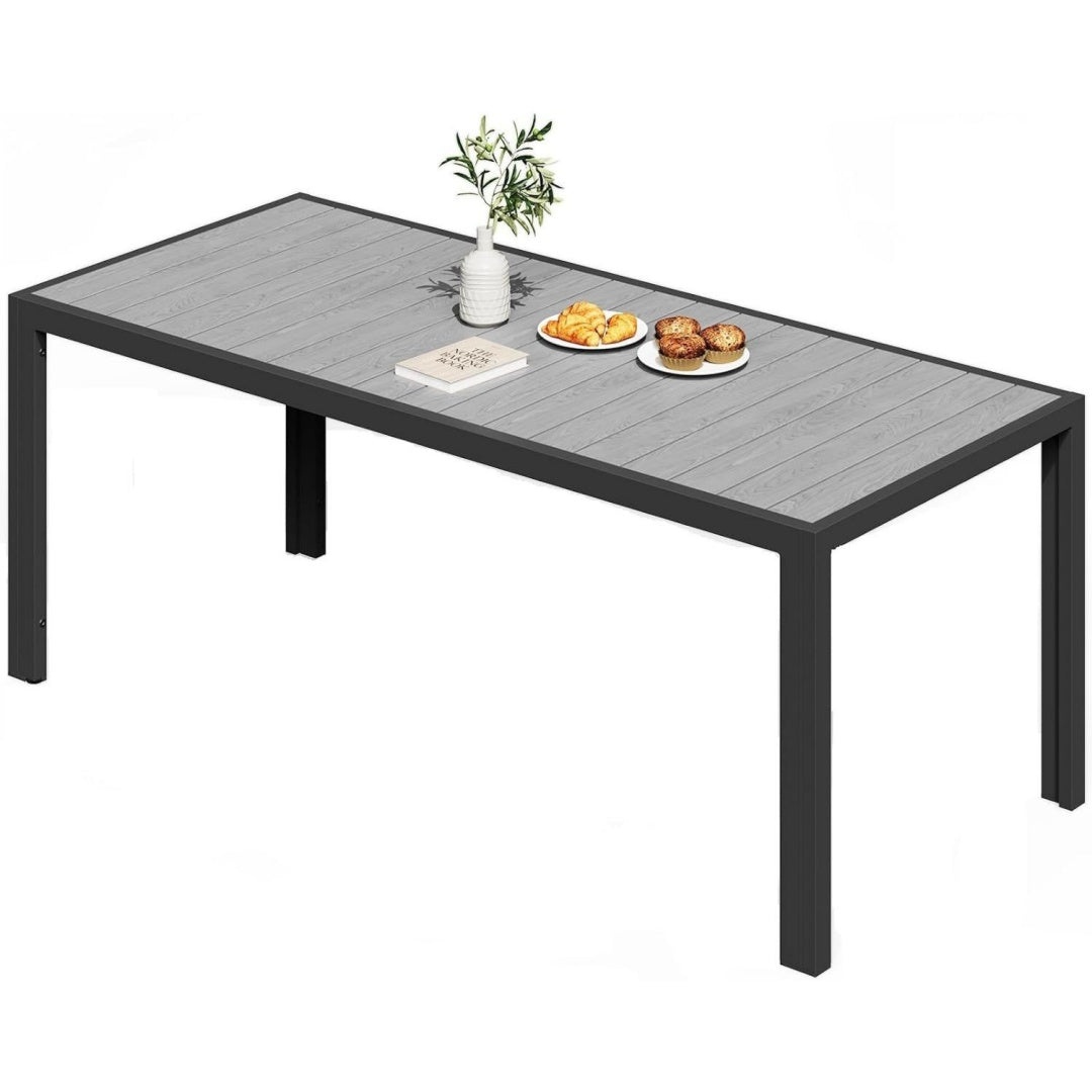 JUMMICO Gartentisch aus Aluminium mit Holzoptik Wetterfester Outdoor Tisch in 150cm oder 189cm Stabiler Esstisch fuer Garten und Terrasse Balkontisch fuer 6-8 Personen Hitze- und Wetterbestaendig fuer Garten Terrasse Grau