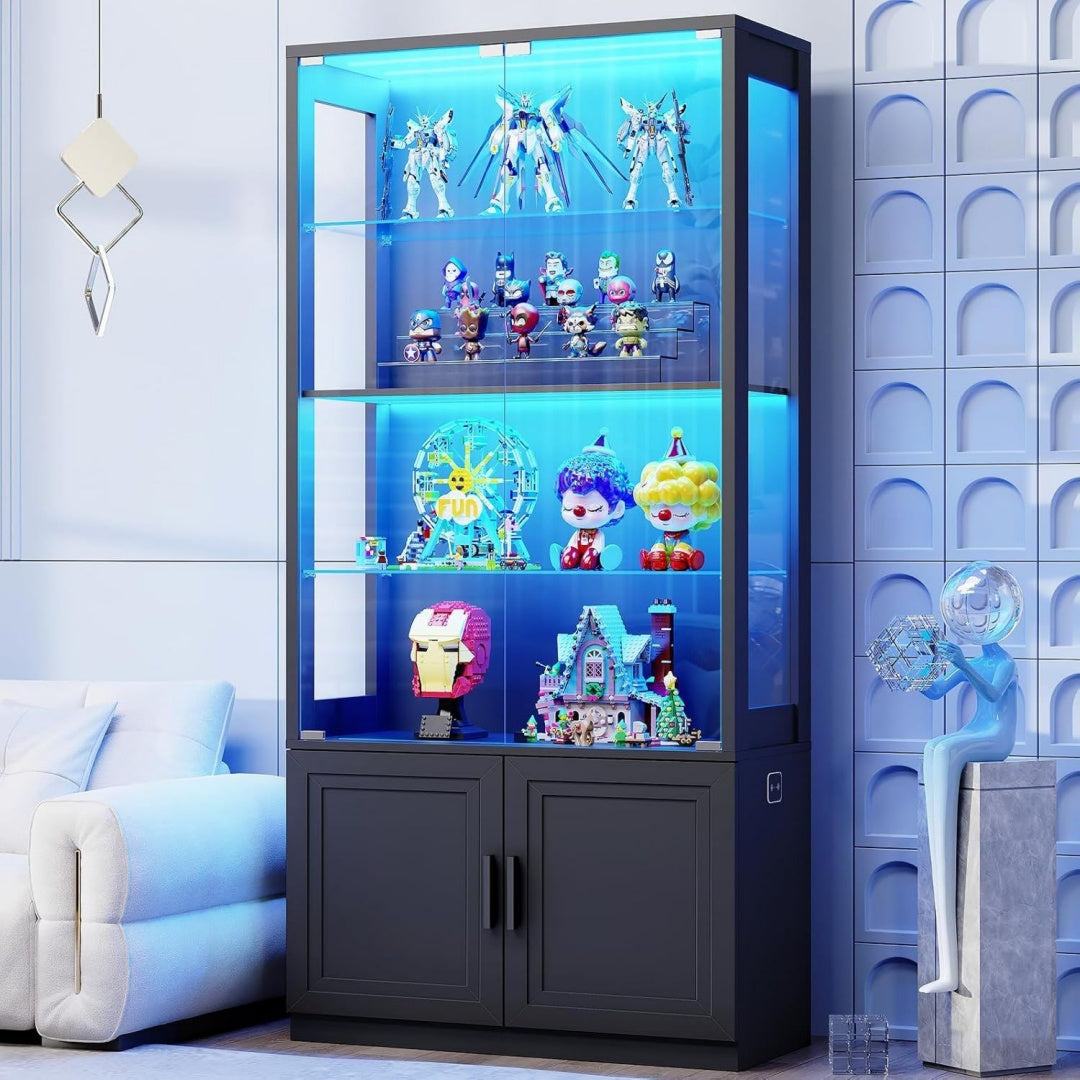 BROTTAR 170 cm Vitrine mit Glastueren 4-stoeckige Vitrine mit 2 herausnehmbaren Glasboeden Vitrine fuer Sammlerstuecke schwarz